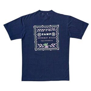 80s Vintage Camp Beverly Hills T-shirt California Summer Navy Blue Pattern.